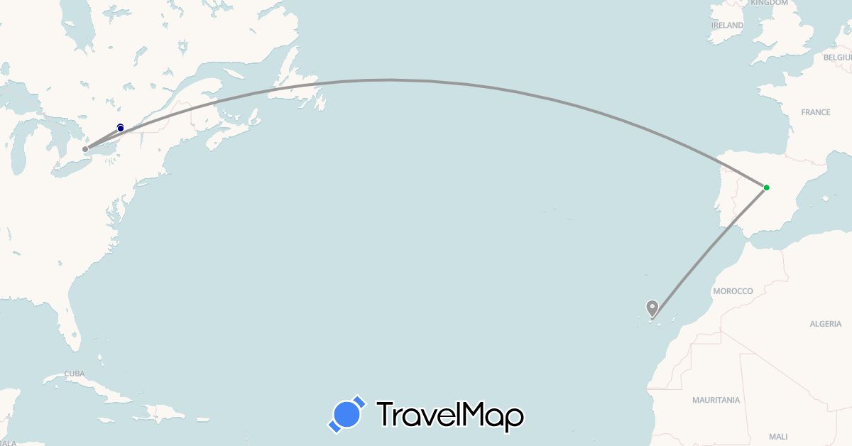 TravelMap itinerary: driving, bus, plane in Canada, Spain (Europe, North America)