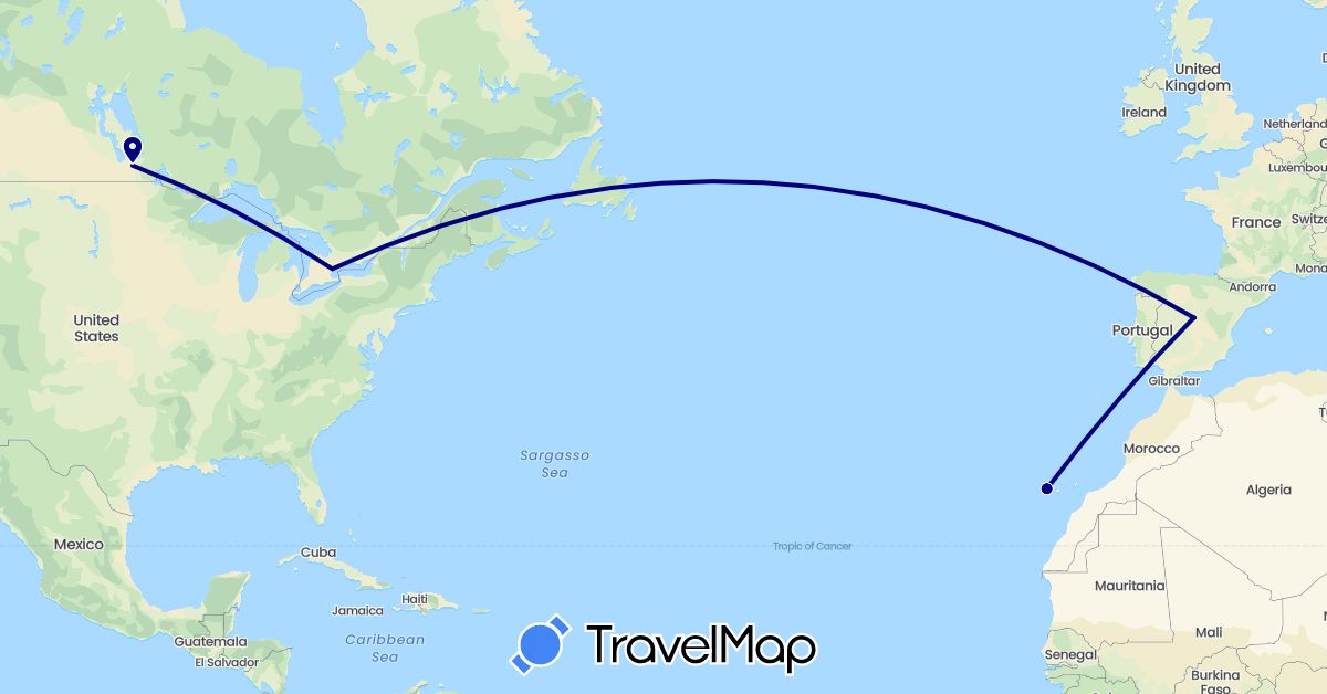 TravelMap itinerary: driving, bus in Canada, Spain (Europe, North America)