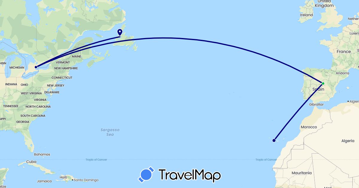 TravelMap itinerary: driving, bus in Canada, Spain (Europe, North America)