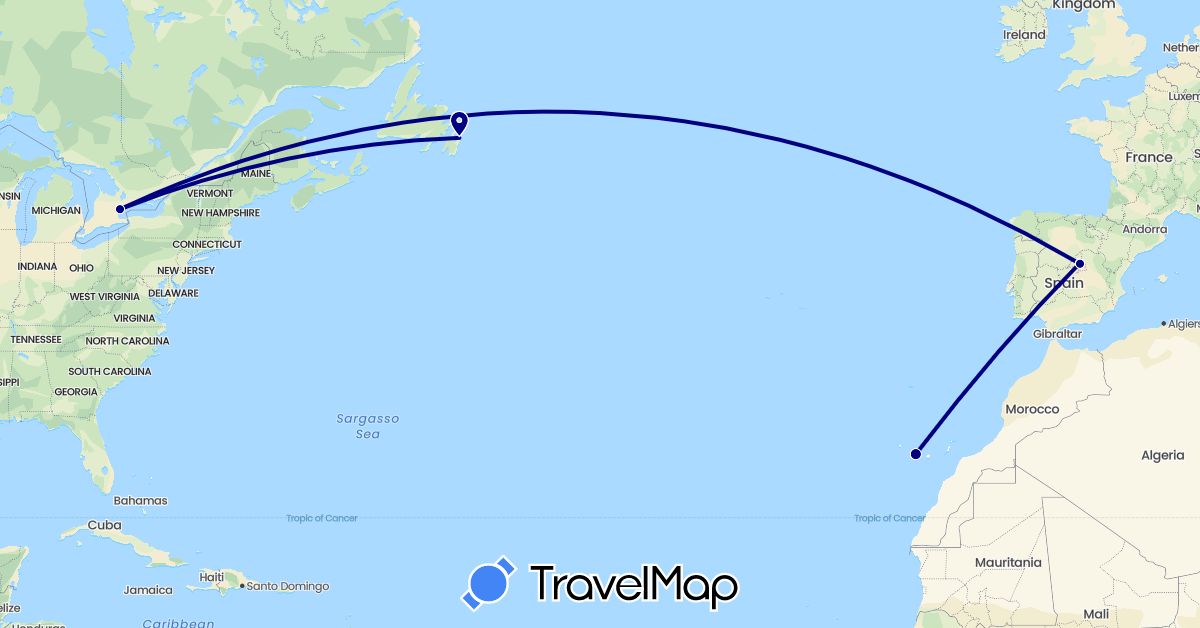 TravelMap itinerary: driving in Canada, Spain (Europe, North America)